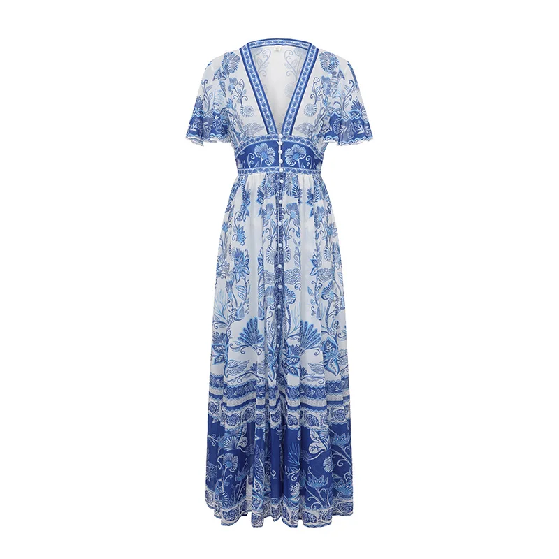 

Iridesse New Arrival, Porcelain Resort Dress, V-neck, Short-sleeved, Printed, Cinched Waist, Ladies, Maxi Dress, Chiffon Dress