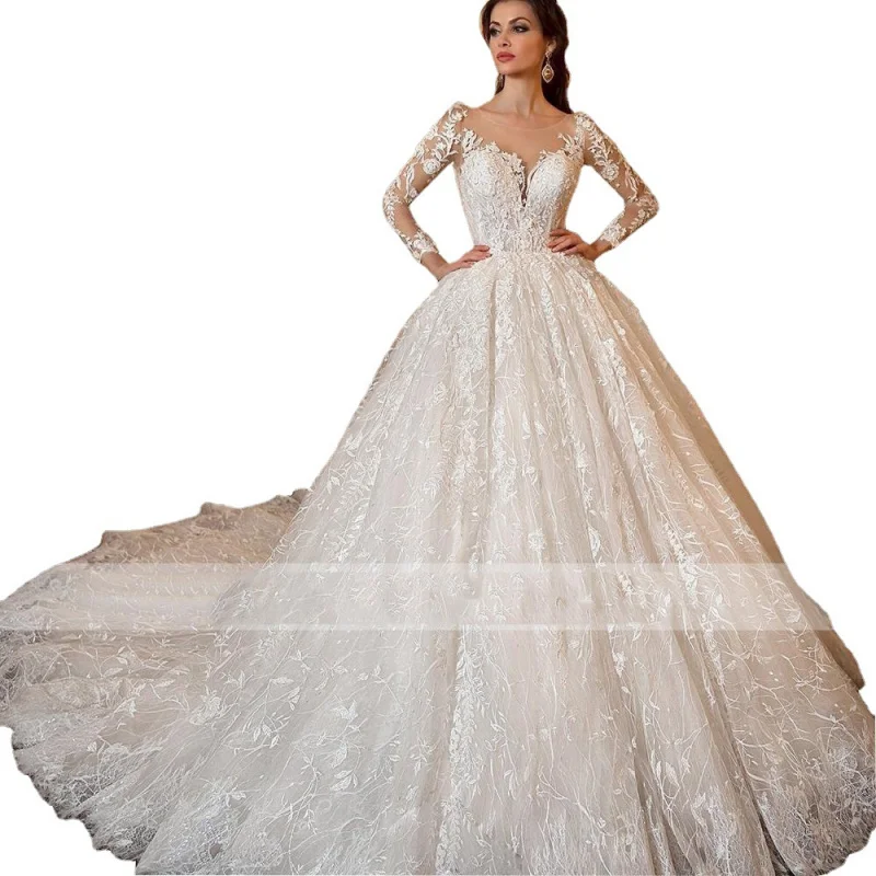 French Royal Style Wedding Dress2024New Summer off-Shoulder Heavy Industry Women's Long-Sleeved Wedding Dress