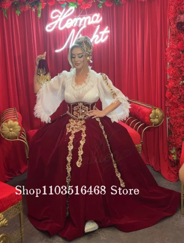 Gorgeous Burgundy Traditional Algerian Wedding Gown Lace Gemstone Beaded Arabic Bridal Gown Celebration Prom Gown Customized