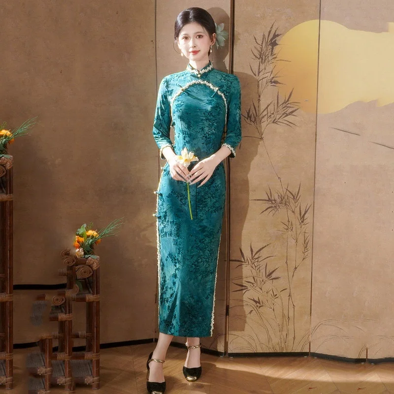 

Ципао в китайском стиле, сексуальное женское платье больших размеров, Cheongsam, винтажное классическое китайское платье, жаккардовое длинное платье 3XL, восточное платье