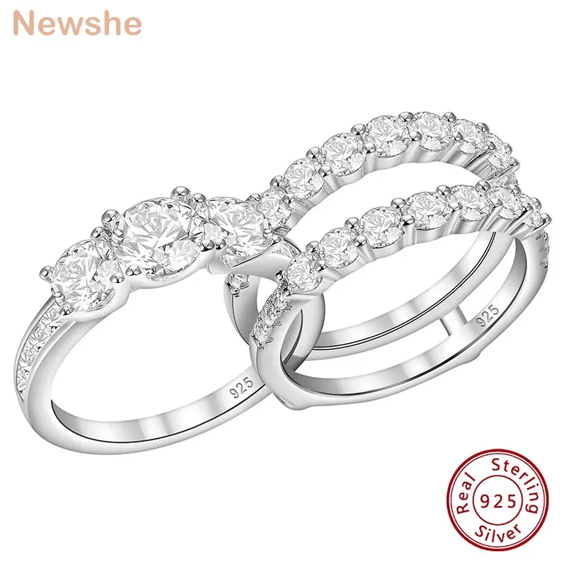 Newshe Solid 925 Sterling Silver Wedding Rings for Women AAAAA Grade Brilliant Round Cubic Zircon Guard Band Jewelry