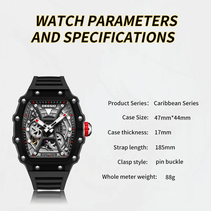 Deesio Automatic Self-Wind Mechanical Movement Watches Transparent Style Watch For Men Gifts Luminous Waterproof Fashion Sports