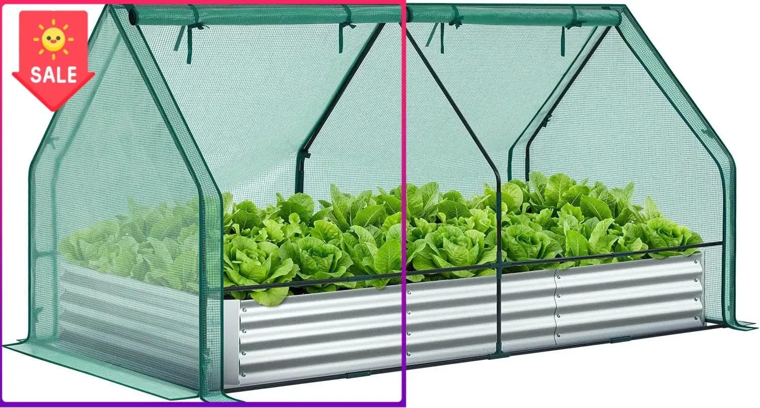 US Warehouse8x4x1 FT Raised Garden Bed Outdoor with Cover, 3-in-1 Gardening Set | PE Greenhouse Cover, 4 Doors for Ventilation,