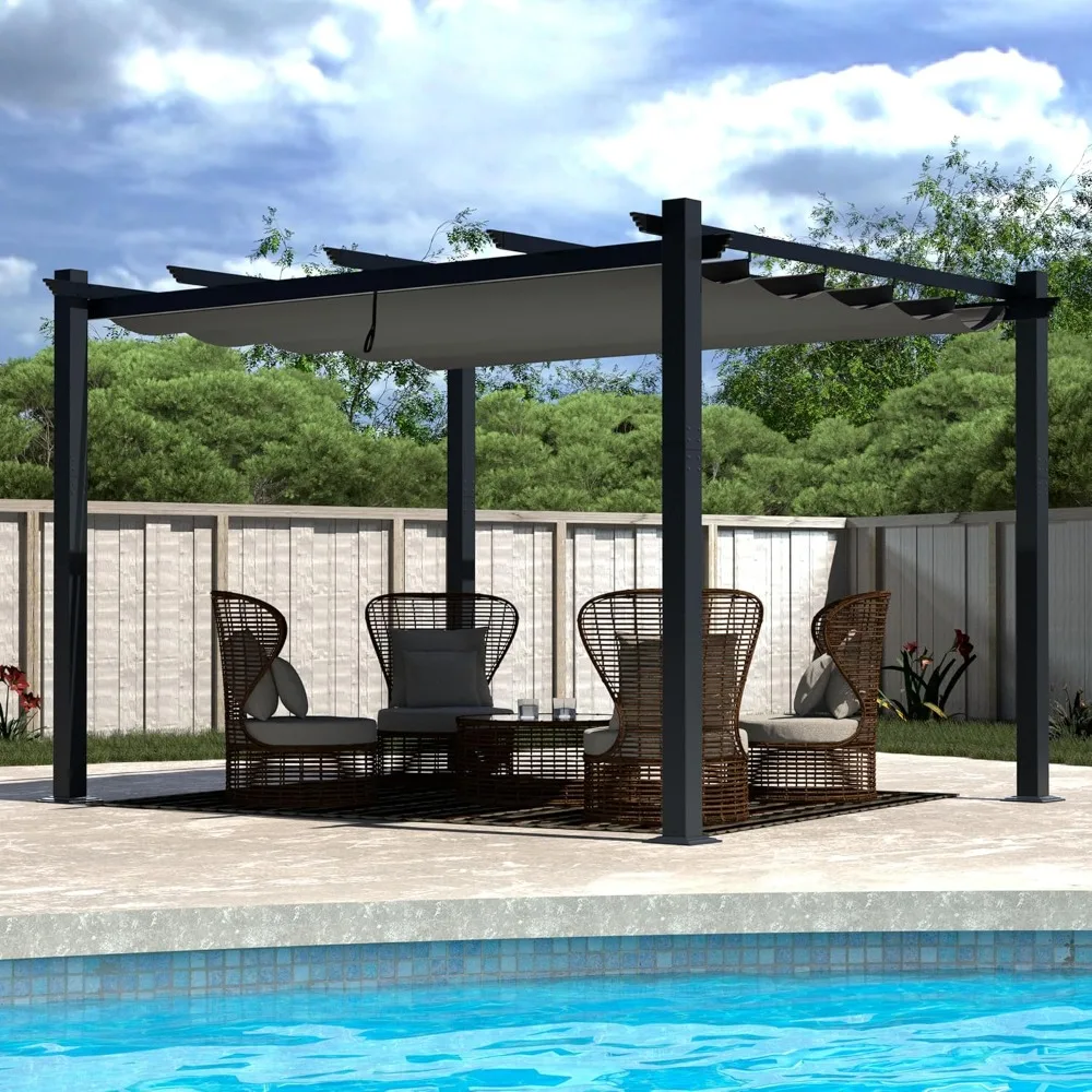 13x10ft Pergola, Aluminum Pergola w/Thicker Post & Upgraded Retractable Pergola Canopy, Metal Pergolas and Gazebos