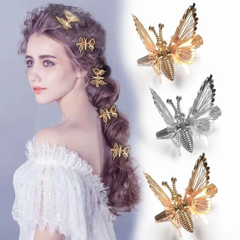 Borboleta Shaped Cabelo Clips Kit, 3D Movable, Metal Oco, Metallic Flying Butterfly Barrettes, Acessórios de Cabelo, 10Pcs