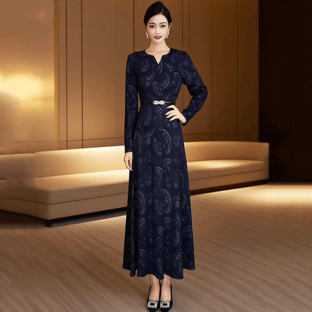 

New Women Spring Autumn Slim Dress Fashion Small V-Neck High Waist Long Dress Elegant Simplicity Long Sleeve Dress Female