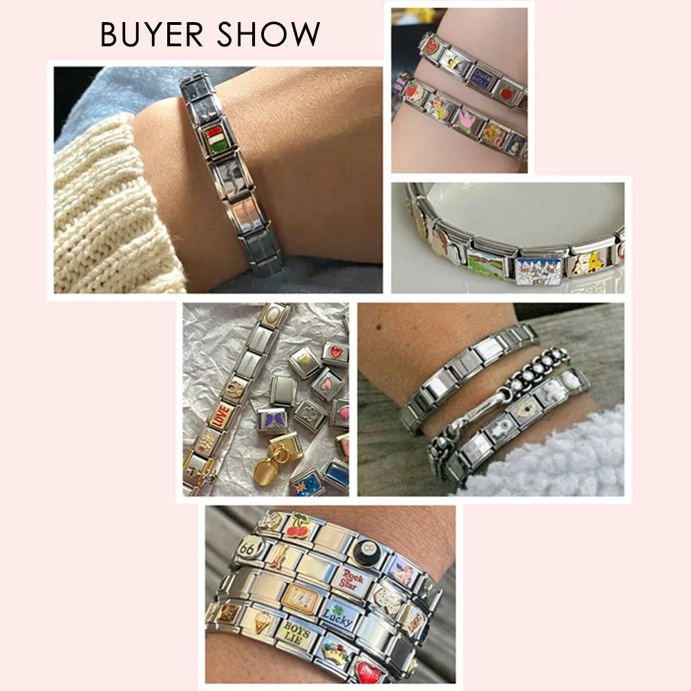 Colorful Glaze Cute Y2k Fashion Paysage Flower Fish Charms Italian Links 9mm Bracelets Bangle Stainless Steel DIY Making Jewelry