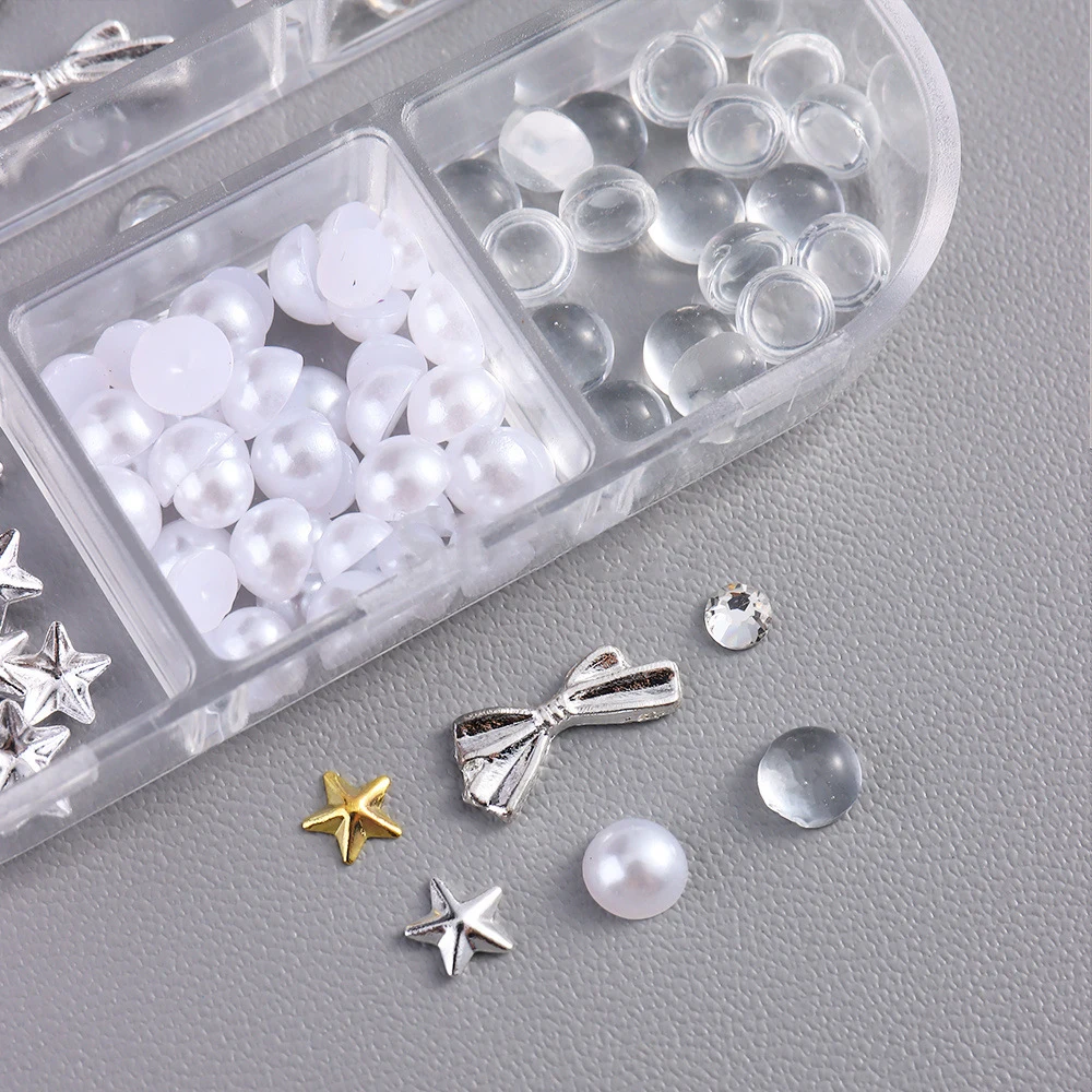 6 grade ouro prata estrela arco rebite studs prego charme meia redonda pérola contas arte do prego strass pentagrama gem manicure decoração