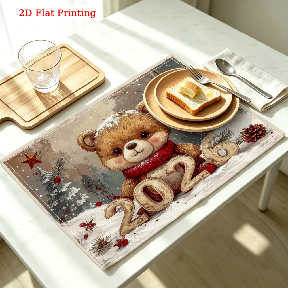 1pc Cute Cartoon Bear Placemat Brown 2026 New Year Print Table Mat Kitchen Dining Home Decor Use 30x40cm Cover