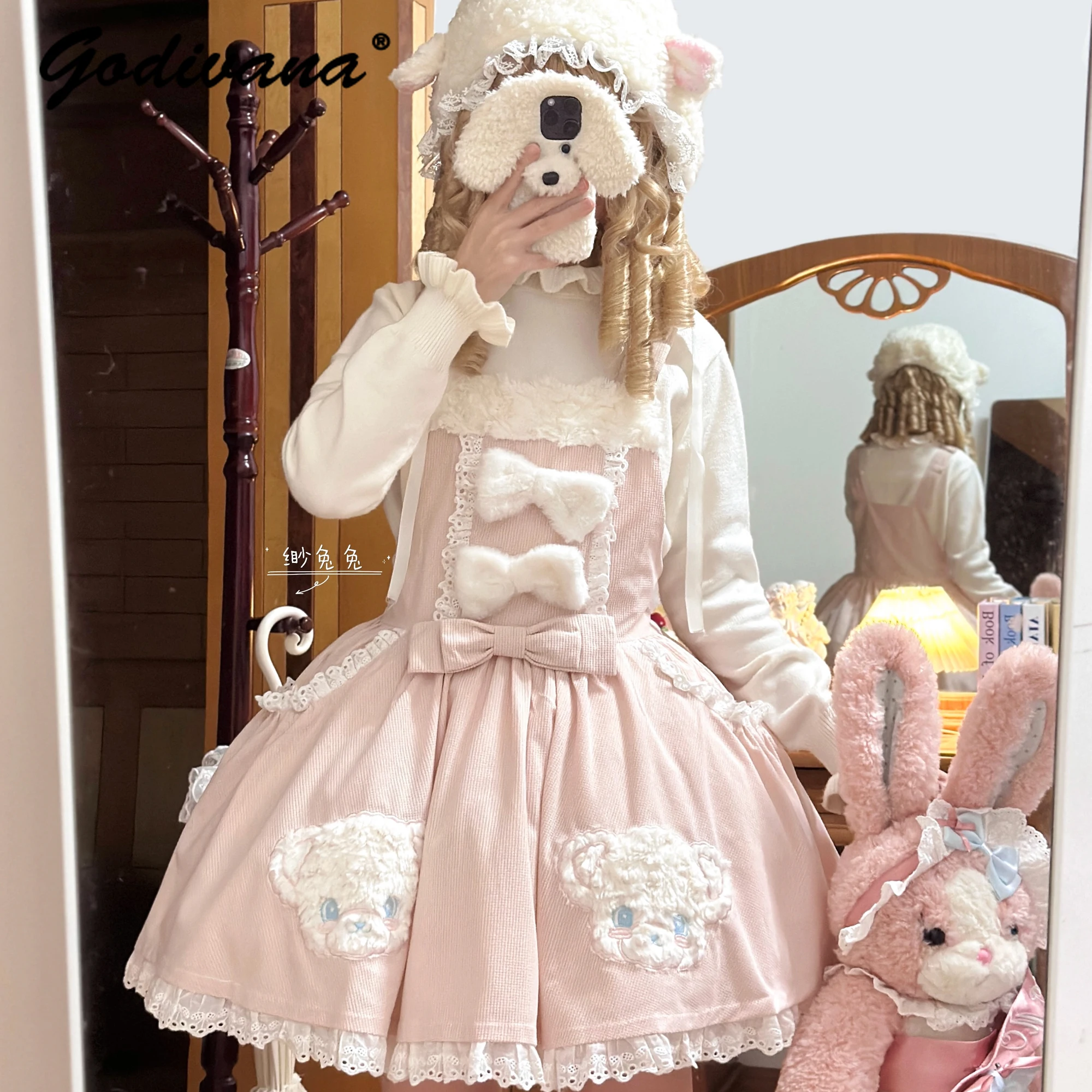 2025 جديد الأصلي لوليتا الأشرطة فستان الخريف والشتاء أفخم القوس حزام لطيف الحلو الدب ملصق المطرزة الحمالات فستان #4