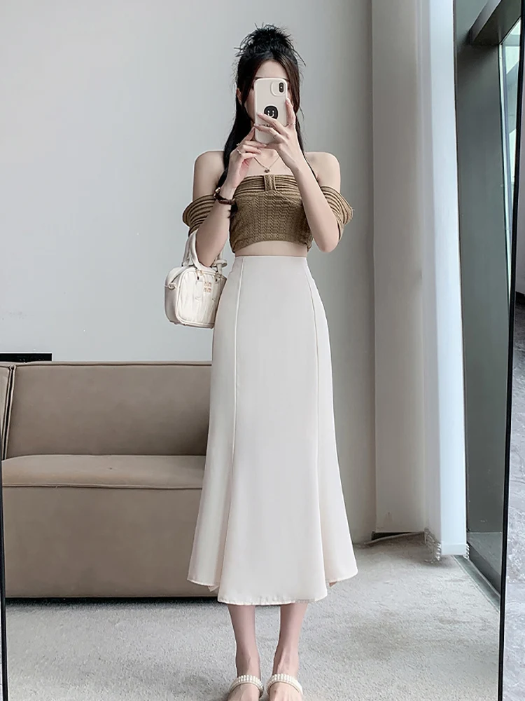 Fish Tail Skirt Slim Fit Slimming 2024 Summer New Chiffon Women\'s Korean Mid Length Bag Hip Skirt A-line High Waist Long Skirts