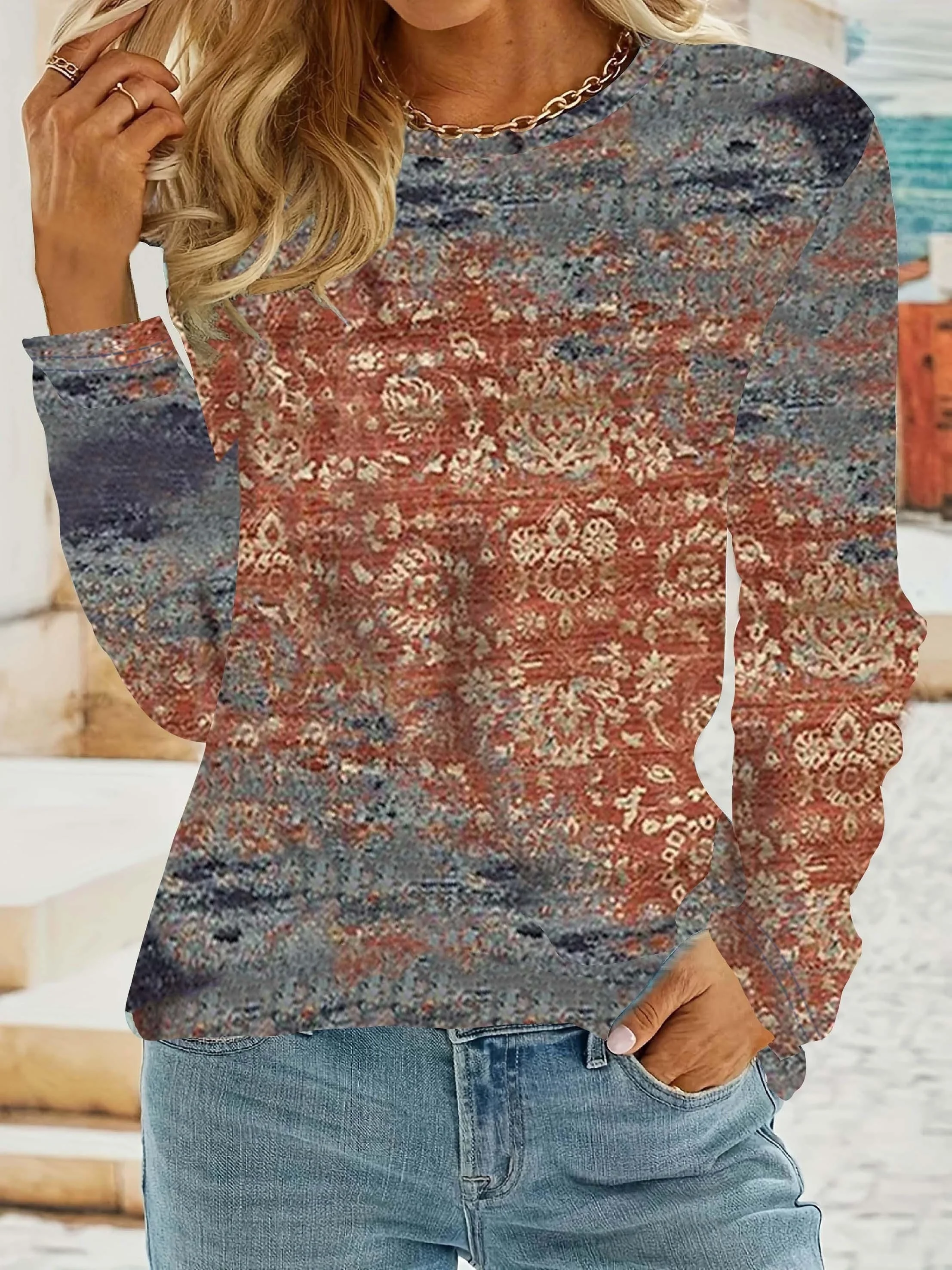 여성용 크루넥 긴소매 티셔츠 빈티지 레트로 에스닉 플로 - Printed Floral Shirt 리뷰 및 가격