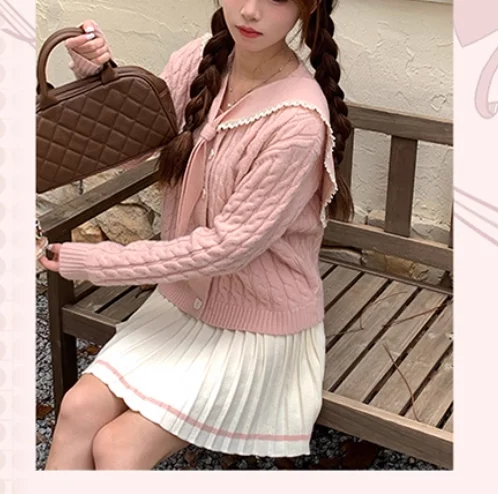 Autunno Inverno Moda Versatile Dolce Colletto Navy Maglione lavorato a maglia a maniche lunghe rosa Moda Donna Gonna a pieghe a trapezio a vita alta