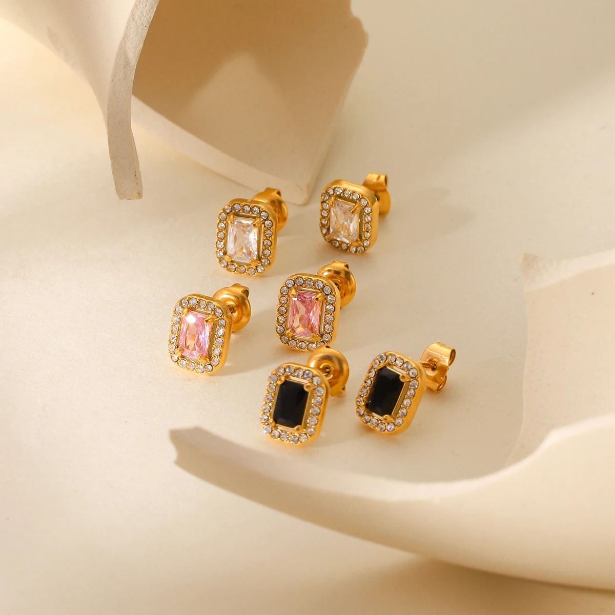 

Fashionable And Exquisite Small Earrings Micro Inlaid With Pink Zircon Stainless Steel Earrings Simple Suitable Women Jewelry