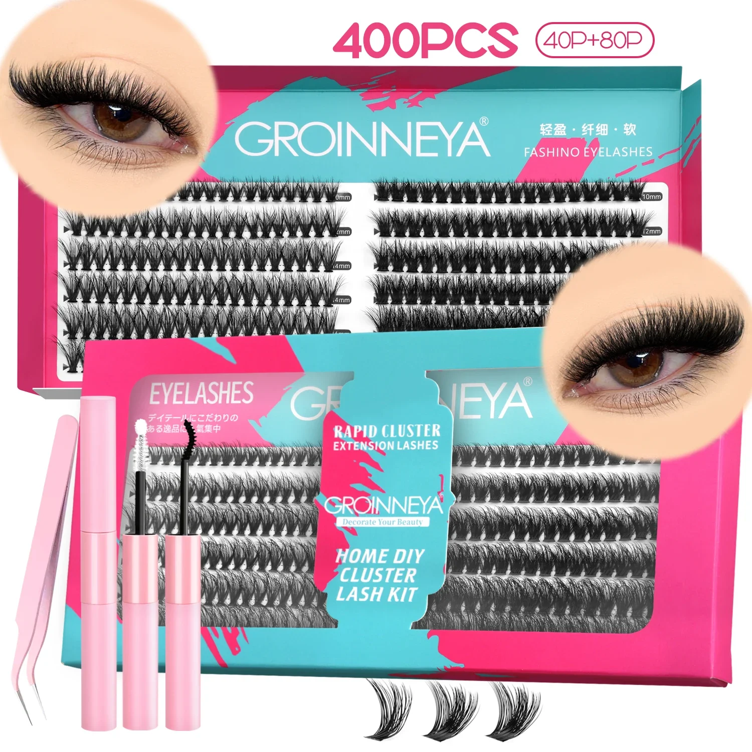 GROINNEYA DIY Wimpern-Cluster-Set, gemischtes Tablett, Wimpern, Wispy-Volumen-Wimpern-Set, flauschige Verlängerung mit Wimpernbindung und Siegel-Make-up
