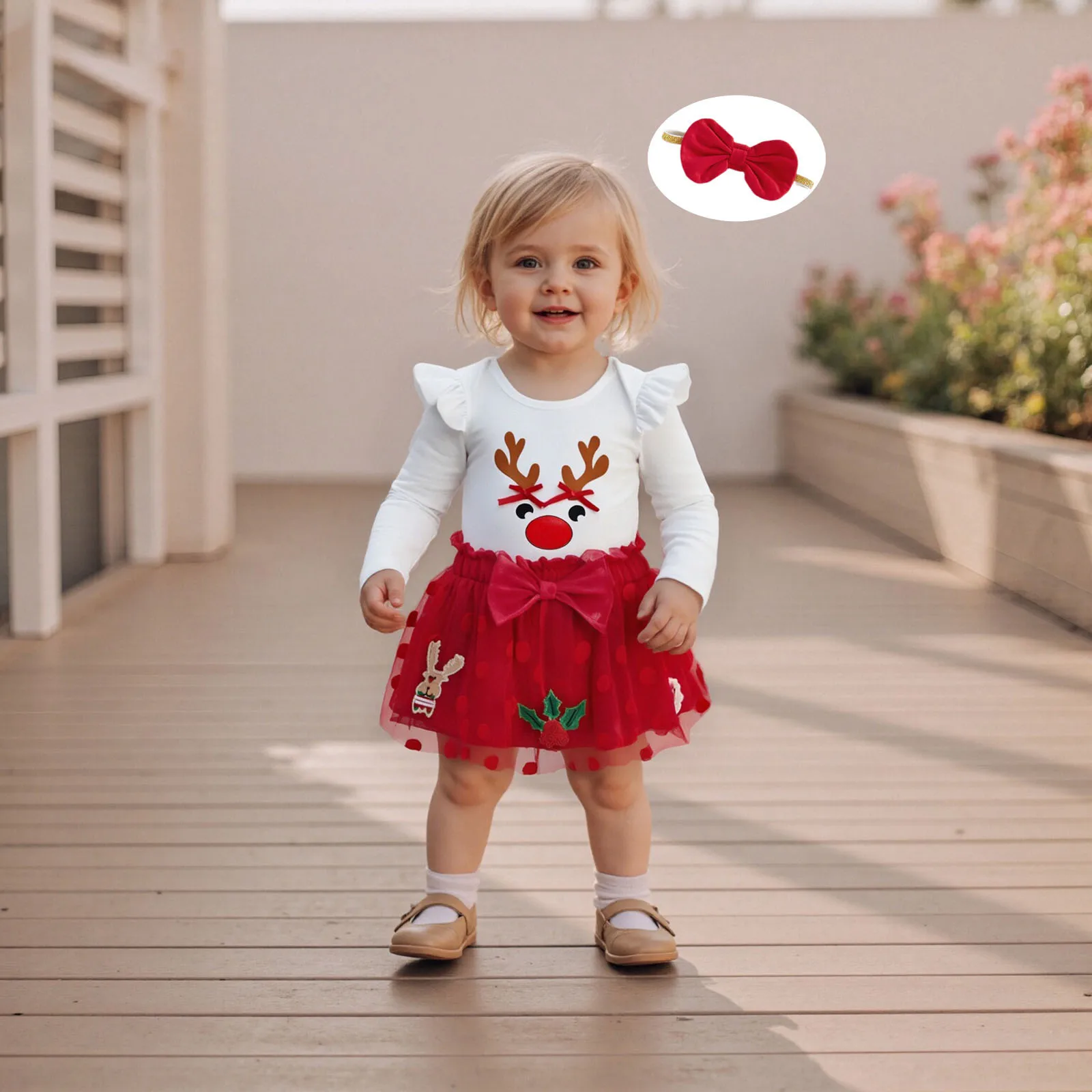 FOCUSNORM 2 ألوان جميلة طفل الفتيات عيد الميلاد الملابس مجموعات 0-18 متر طويلة الأكمام الرنة طباعة بذلة عقال القوس شبكة تنورة