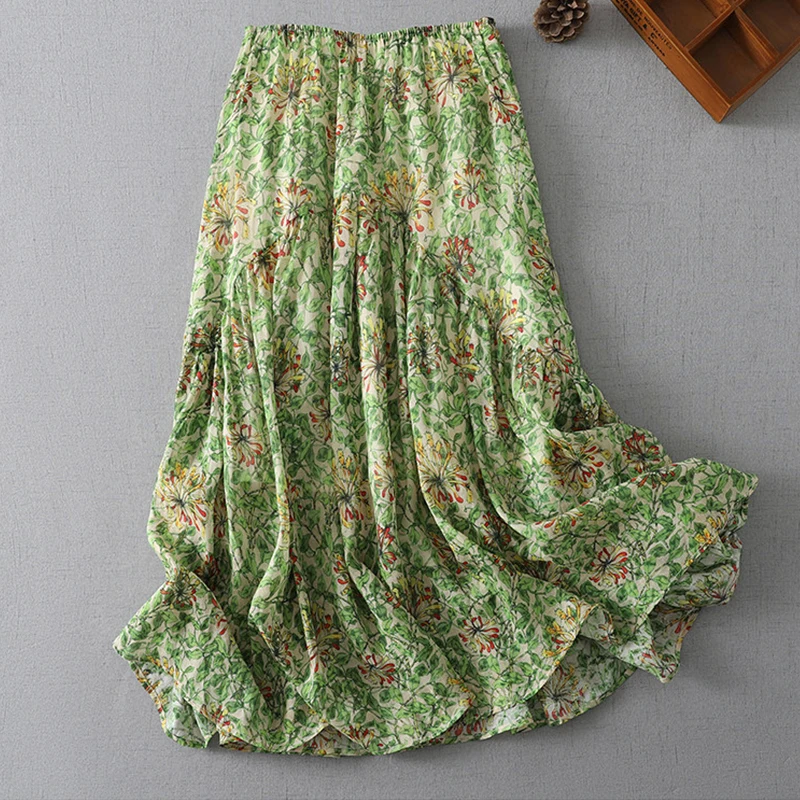Green Floral Print Women' Skirt 2026 Summer New Elastic Waist Loose Casual Long Skirts Fresh Versatile Elegant Woman Clothes