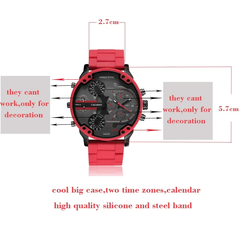 Cagarny DZ Style Quartz Watch For Men Cool Big Case Red Silicone Steel Band Sports Wristwatch Man Military Relogio Masculino