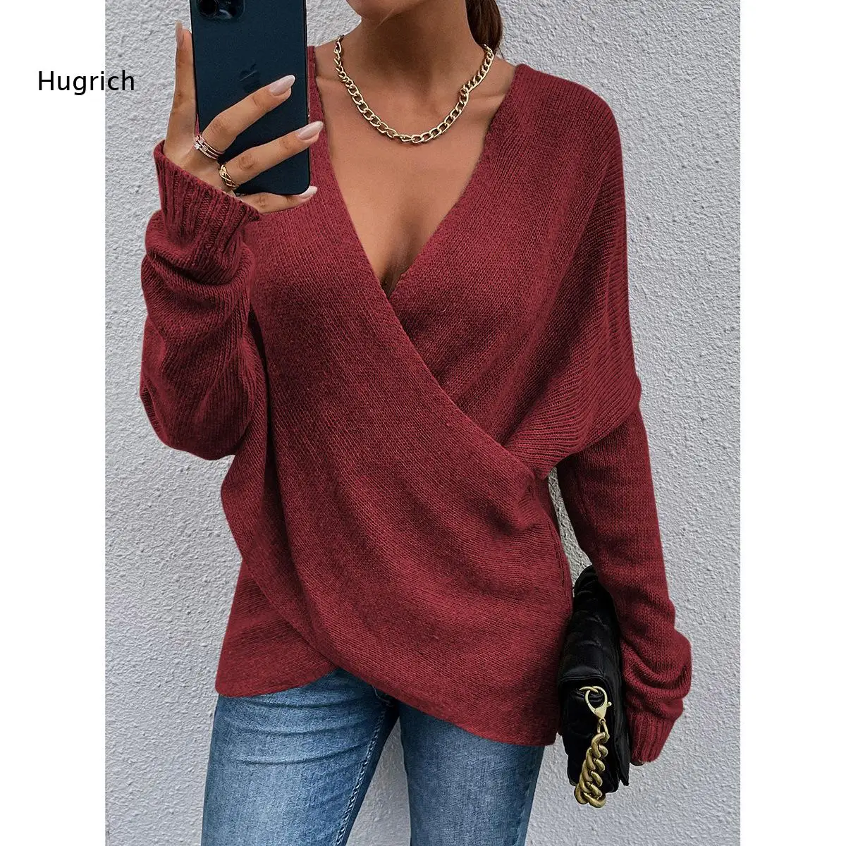Stylish Burgundy Knit Top Women Deep V Neck Cross Detail Long Sleeve Loose Cut Breathable Material Casual Office Loungewear