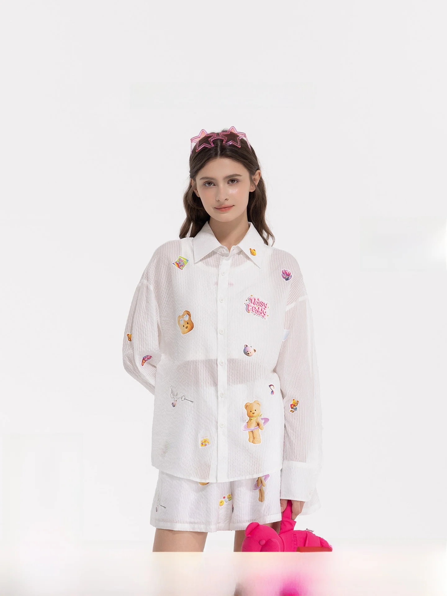 

Noisy Teddy26 Summer New Fun Bear Sticker Print Ladies Long Sleeve Shirt Loose Comfortable Versatile Women's Fashion Shirt