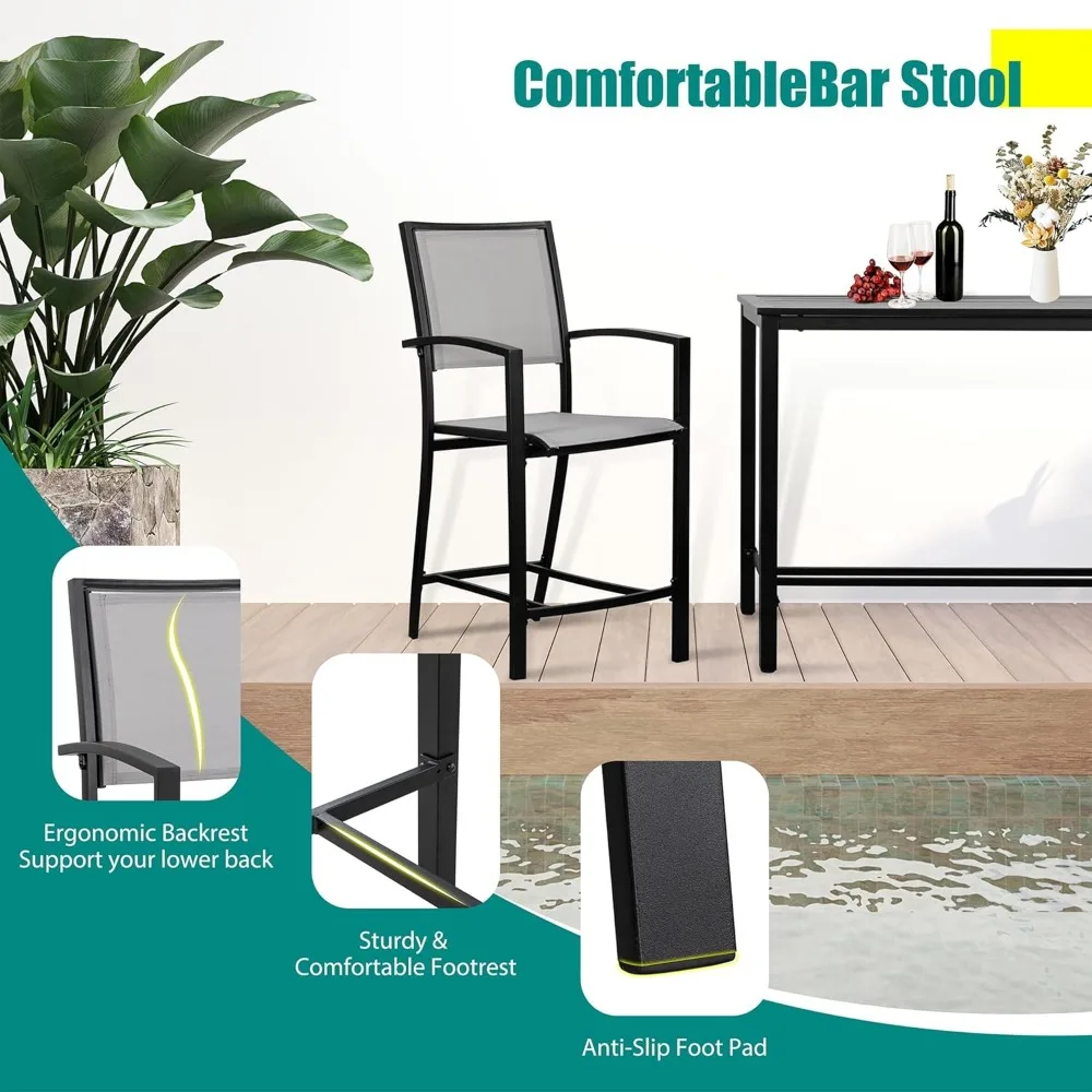 5 Piece Patio high Bar Set, All Weather Metal Textilene Patio Dining Set High Bar Stools Chair of 4 and High Bar Table