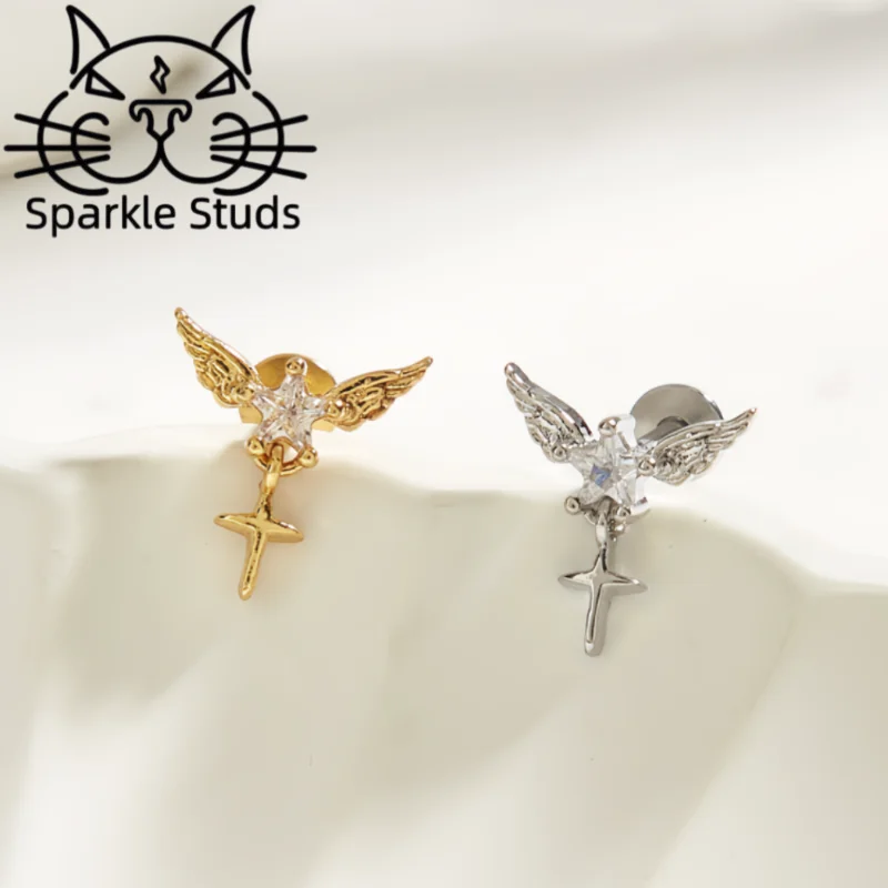 Sparkle Studs Stainless Steel Diamond Wings Star Earring, Simple and Versatile  Two sizes for women 1pce