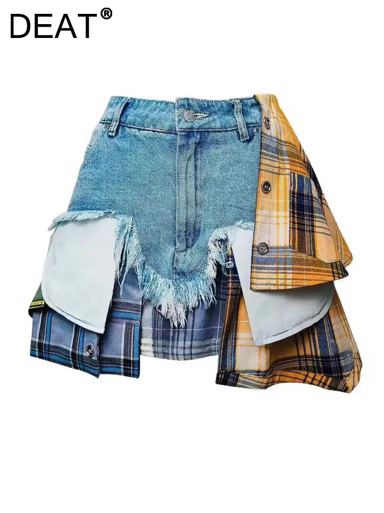 DEAT Fashion Women\'s Denim Skirt Colored Plaid Patchwork Irregular Deconstructed A-line High Waist Mini Skirts Summer 2024 New