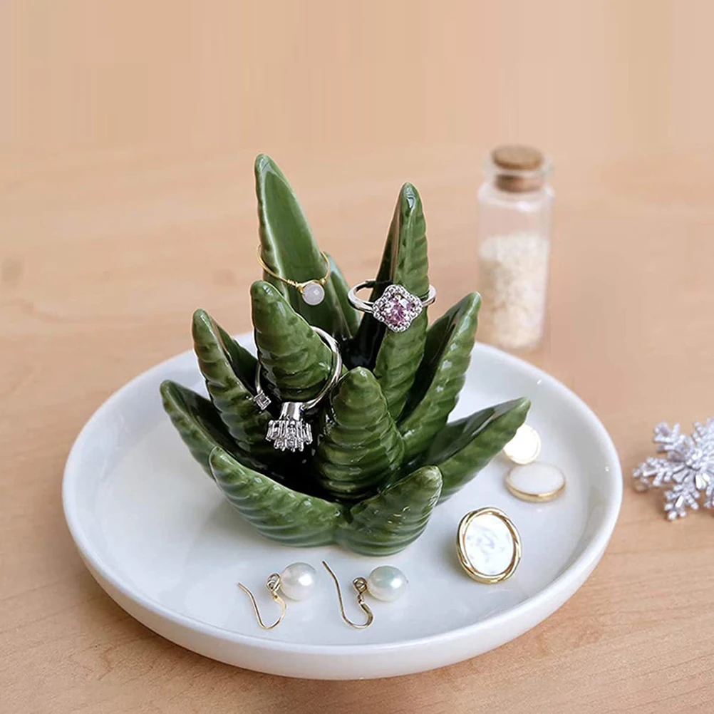 

Ceramic Ring Holder Aloe Ring Dish Jewelry Holder Rings Bracelets Earrings Green Succulent Trinket Tray Gift For Women Girls