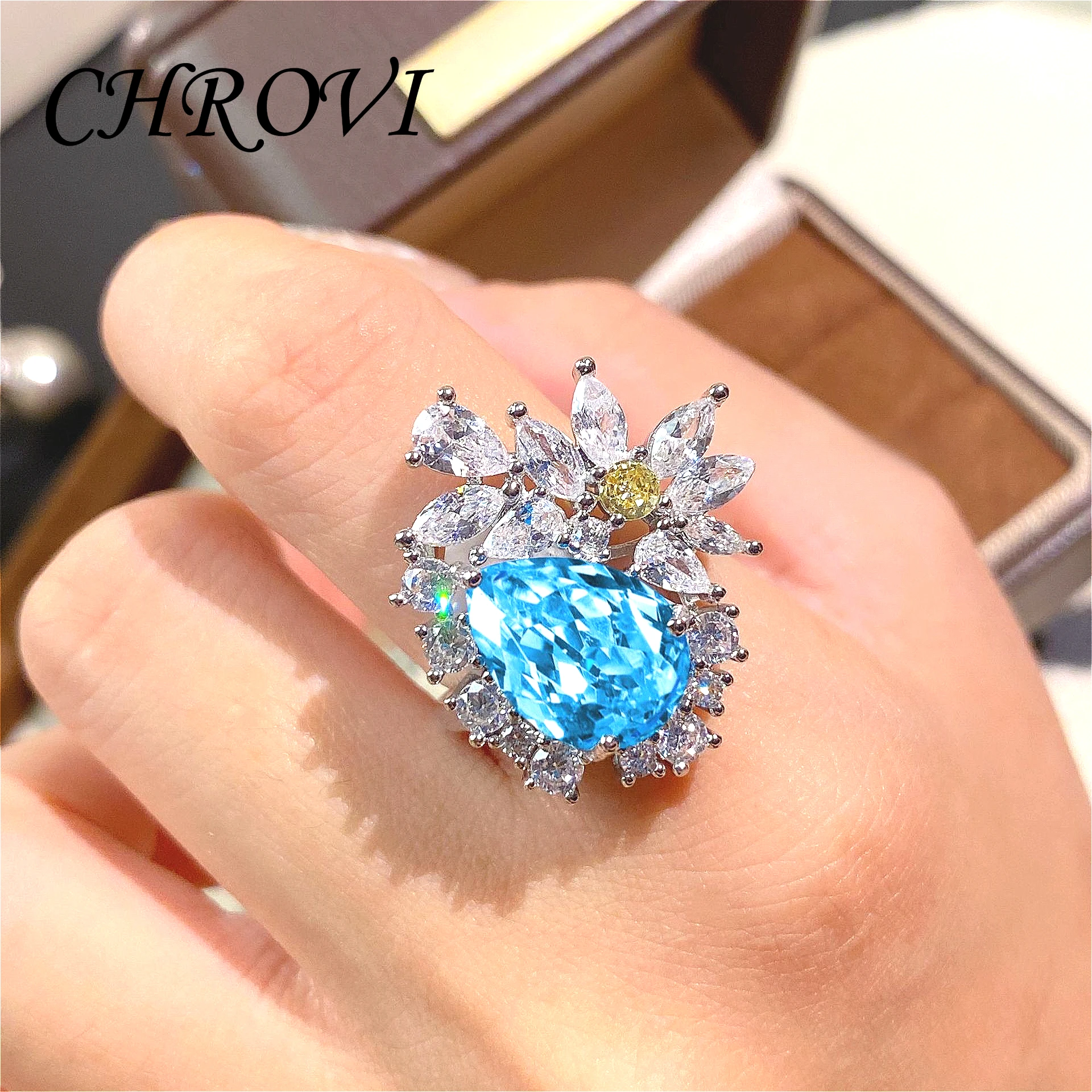 New 925 Sterling Silver Luxury Teardrop Open Multi-Gemstone Diamond Ring High-End Aquamarine Lover's Ring for Women