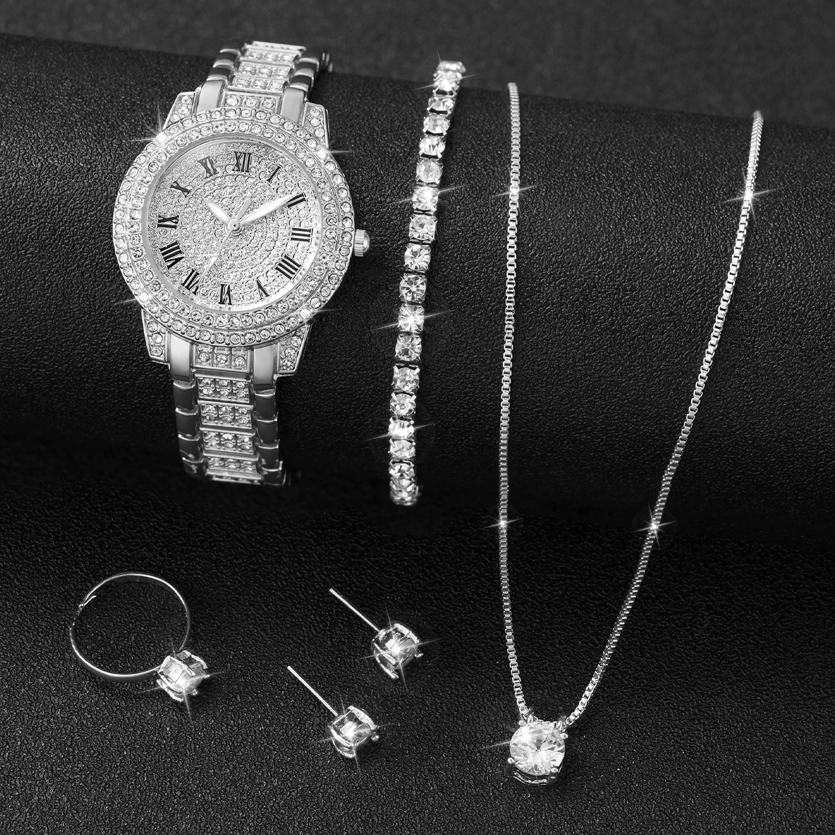 6pcs/set Women Stainless Steel Band Diamond Quartz Watch and Crystal Bracelet Set