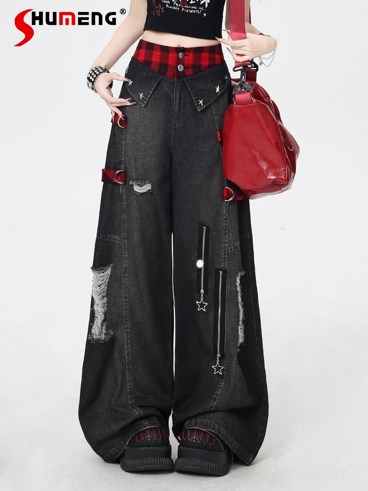 

American Style Fashion Subculture Plaid Splicing Ripped Zipper High Waist Loose Casual Wide Leg Jeans Women Baggy Denim Pants