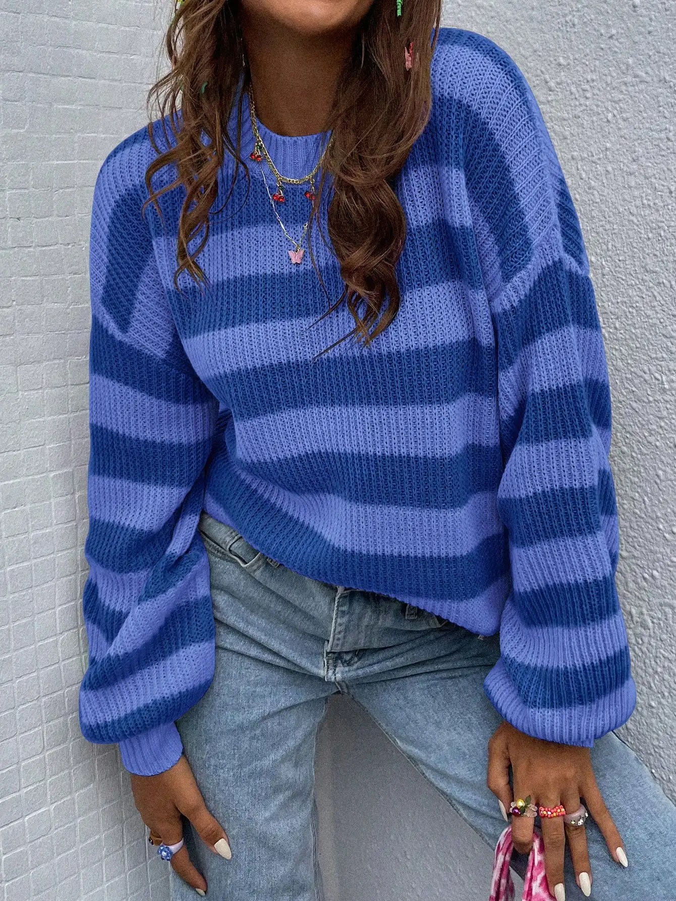

Blue Striped Loose Knit Crew Neck Pullover Sweater for Women, Fall Winter Casual Long Sleeve