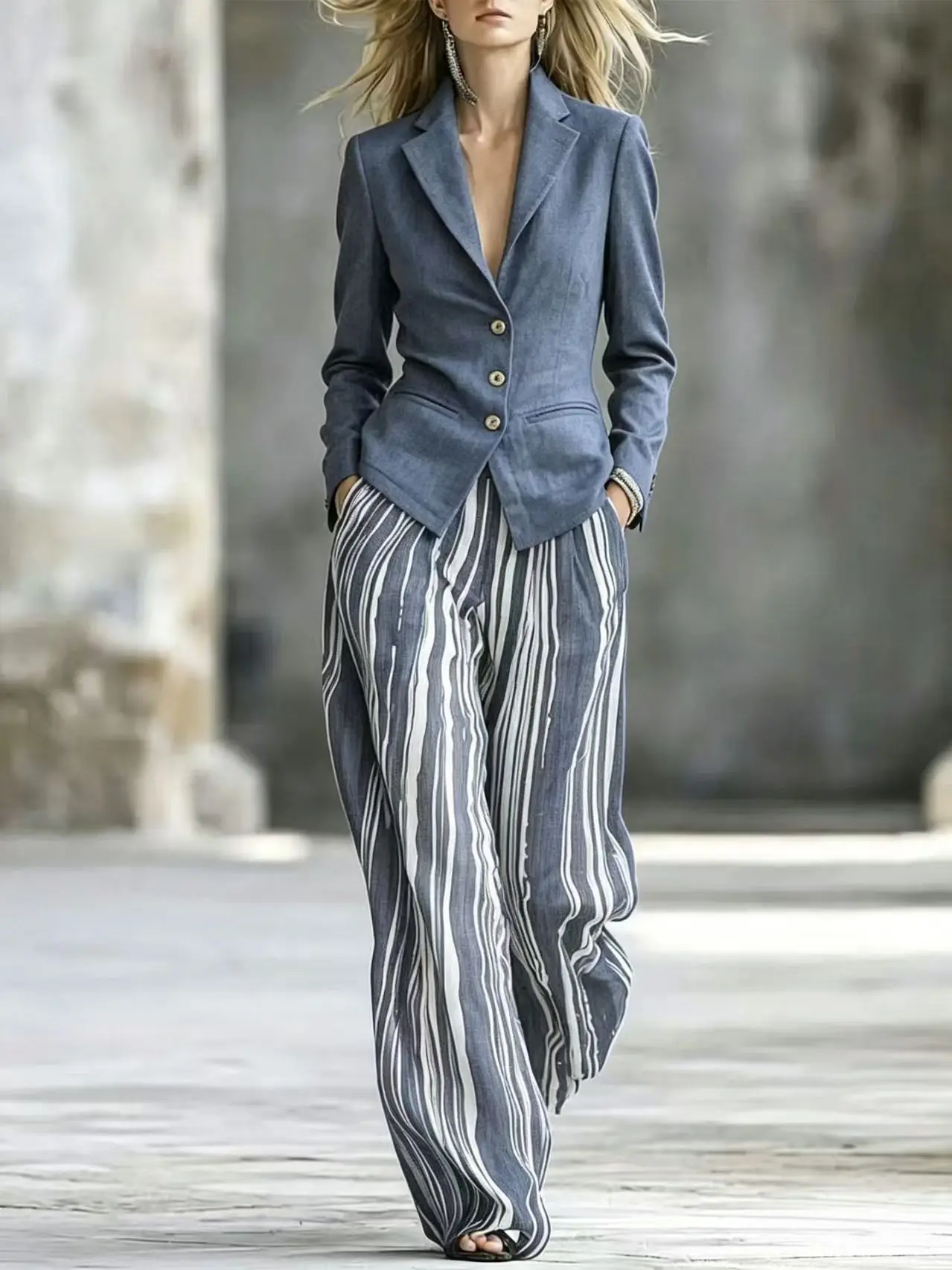 New Elegant Women 2 Piece Suit Notched Lapel Grey Blazer High Waist Stripe Wide Leg Pants Business Casual Outfit Set 2026