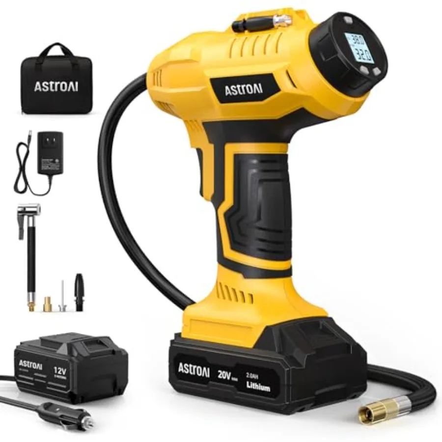 

Беспроводной компрессор для подкачки шин 20В с аккумулятором, 160PSI, портативный воздушный насос с адаптером для автомобиля 12В, цифровой дисплей