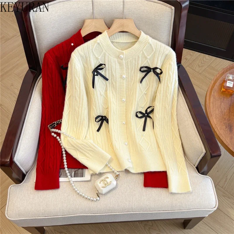 Peals Beading Bowknot Sweater Coat Women's Autumn Winter 2024 New Korean Fashion O-Neck Long Sleeve Twists Knitted Cardigan Tops