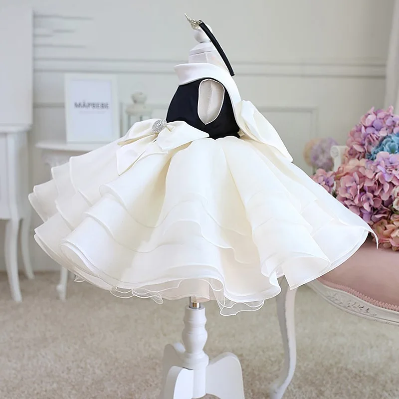 Vestido de Organza escalonado para niña, vestido blanco y negro de flores para fiesta de boda, vestido de princesa de primer cumpleaños para niñas de 1 a 14 años