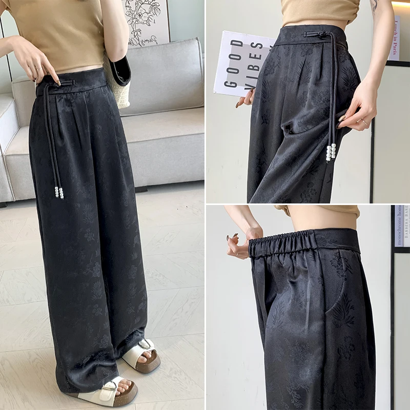 New 2024 Spring Summer Wide Leg Loose Pants For Women Black Or White Color Chinese Style High Waist Jacquard Trousers Women