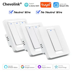 WiFi Tuya Smart Switch Push Button 1/2/3 Gang Light Wall Switches 220V No Neutral Wire Works With Alexa Google Home Smart Life