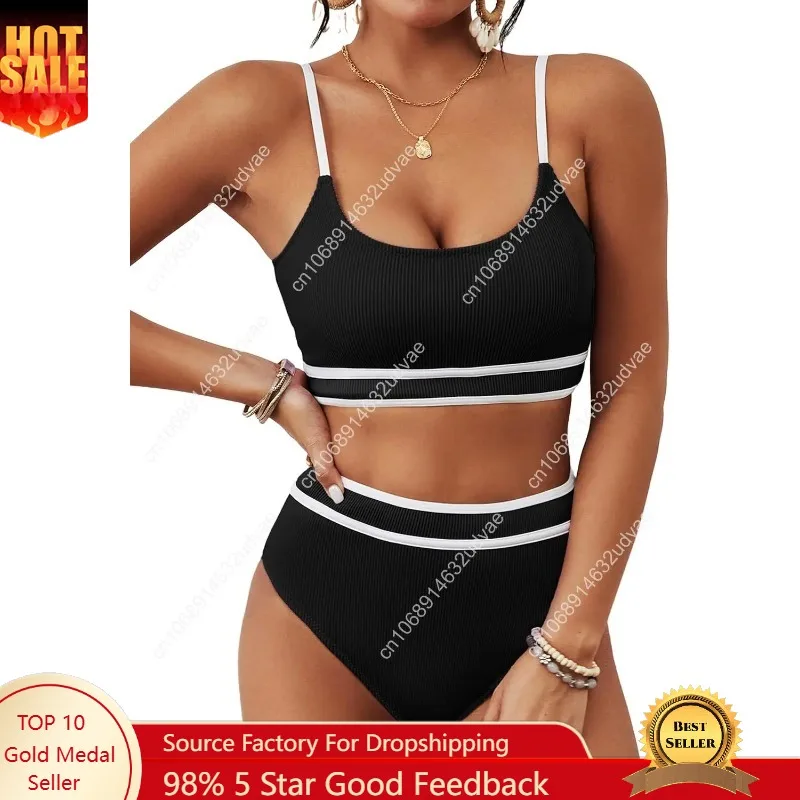 

BMJL Women's High Waisted Bikini Ribbed Two Piece Swimsuit High Cut Color Block Adjustable Straps Bathing Suit