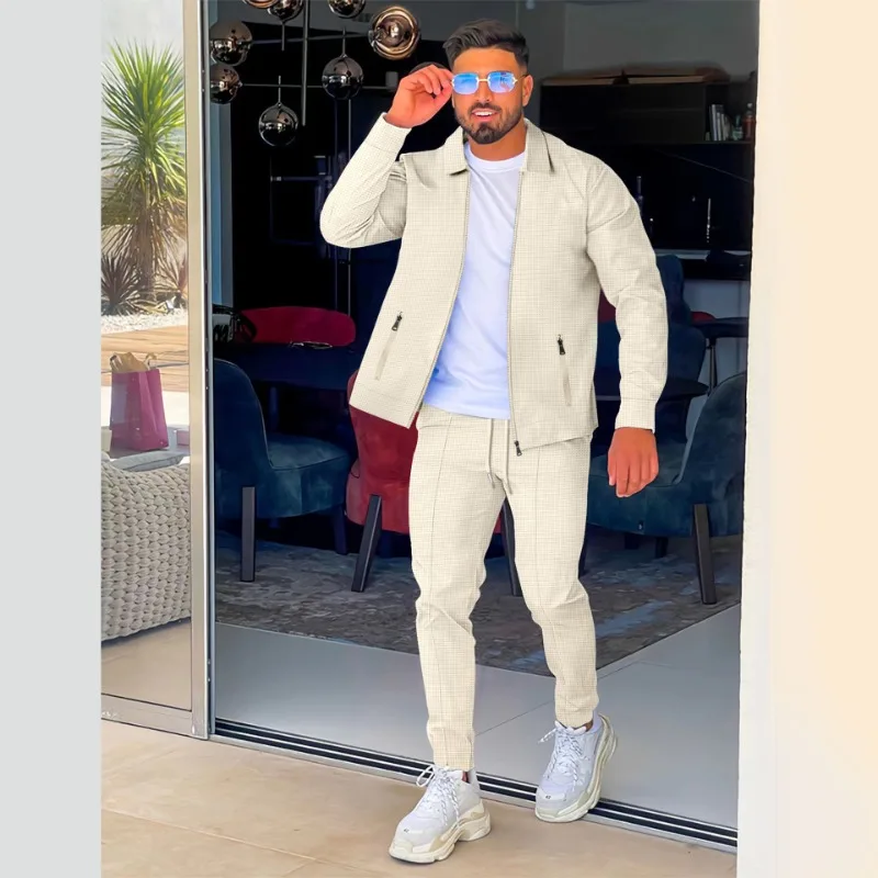 Conjunto de Jaqueta Fashion com Zíper e Bolsos para Primavera e Outono 2026 + Calças Esportivas e Casuais Masculinas