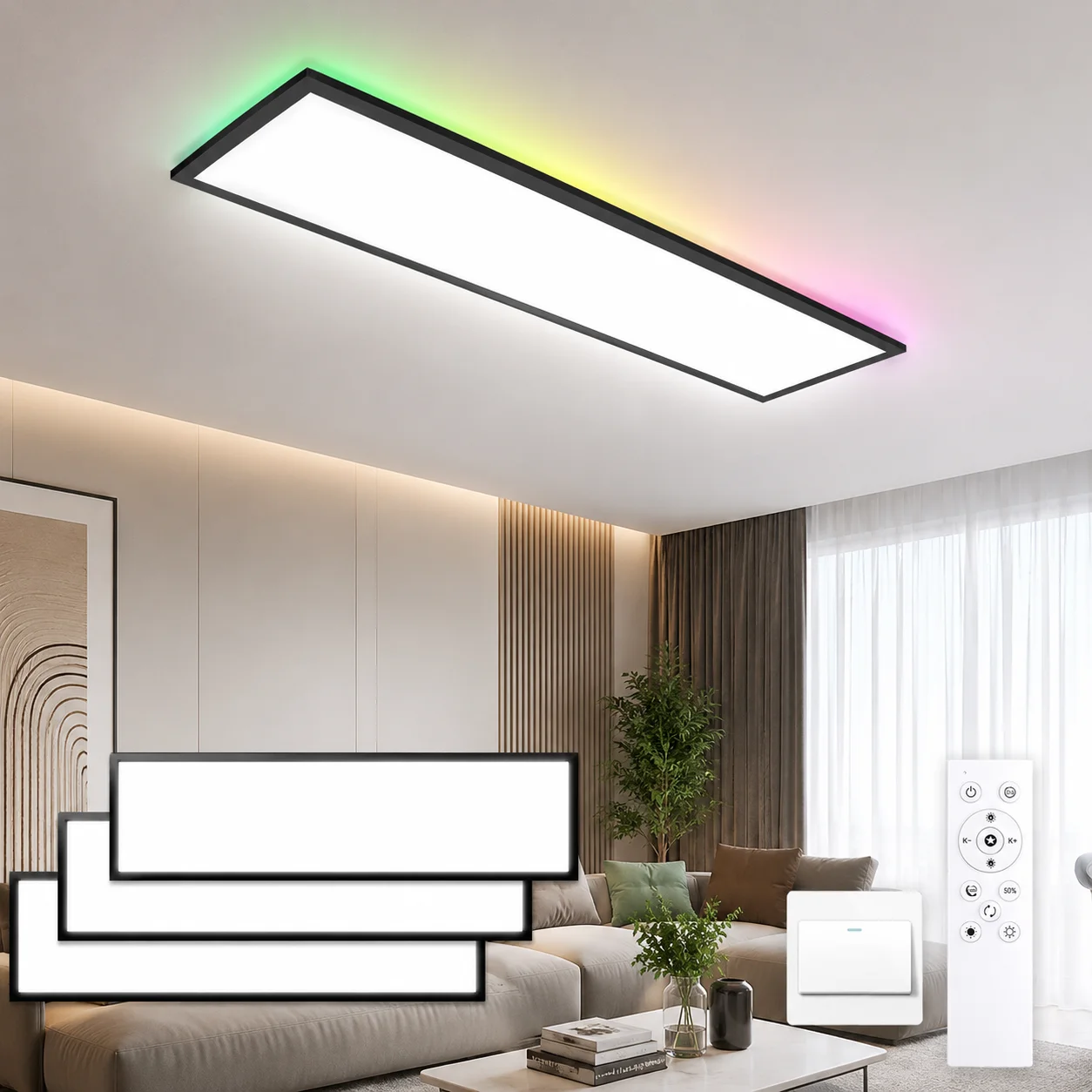 3 pannelli LED RGB da 120x30 cm, 40W, 4400LM, lampada da soffitto con controllo remoto e funzione di regolazione dell'intensità luminosa, temperatura colore 3000K-6500K, ideale per camera da letto e