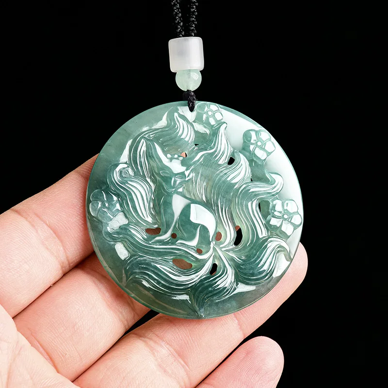 

Burmese Jadeite Nine-tailed Fox Pendant Necklace Carved Amulet Real Jewelry Burmese Jade Stone Designer Luxury