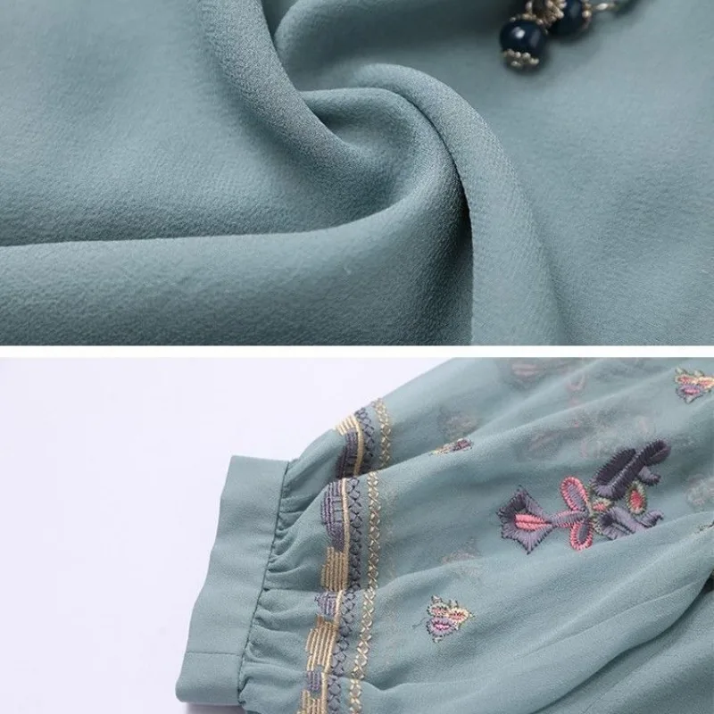 Spring and Autumn Women's Pullover Round Neck Lace Up Embroidery Solid Color Lantern 3/4 Sleeve Chiffon Tee T-shirt Tops