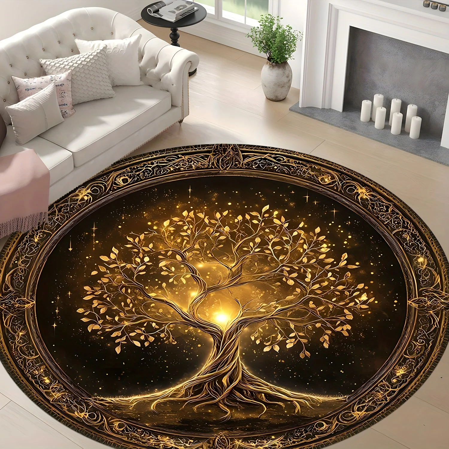Golden Tree of Life Round Mat Emerald Green Celtic Knotted Roots Nature Circular Decor Rug  Entryway Indoor Living Space Decor