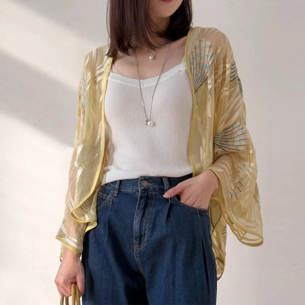Shell Print Natural Mulberry Silk Georgette Sunscreen Shawl Heavy-duty Embroidered Semi Transparent Batwing Sleeve Cardigan