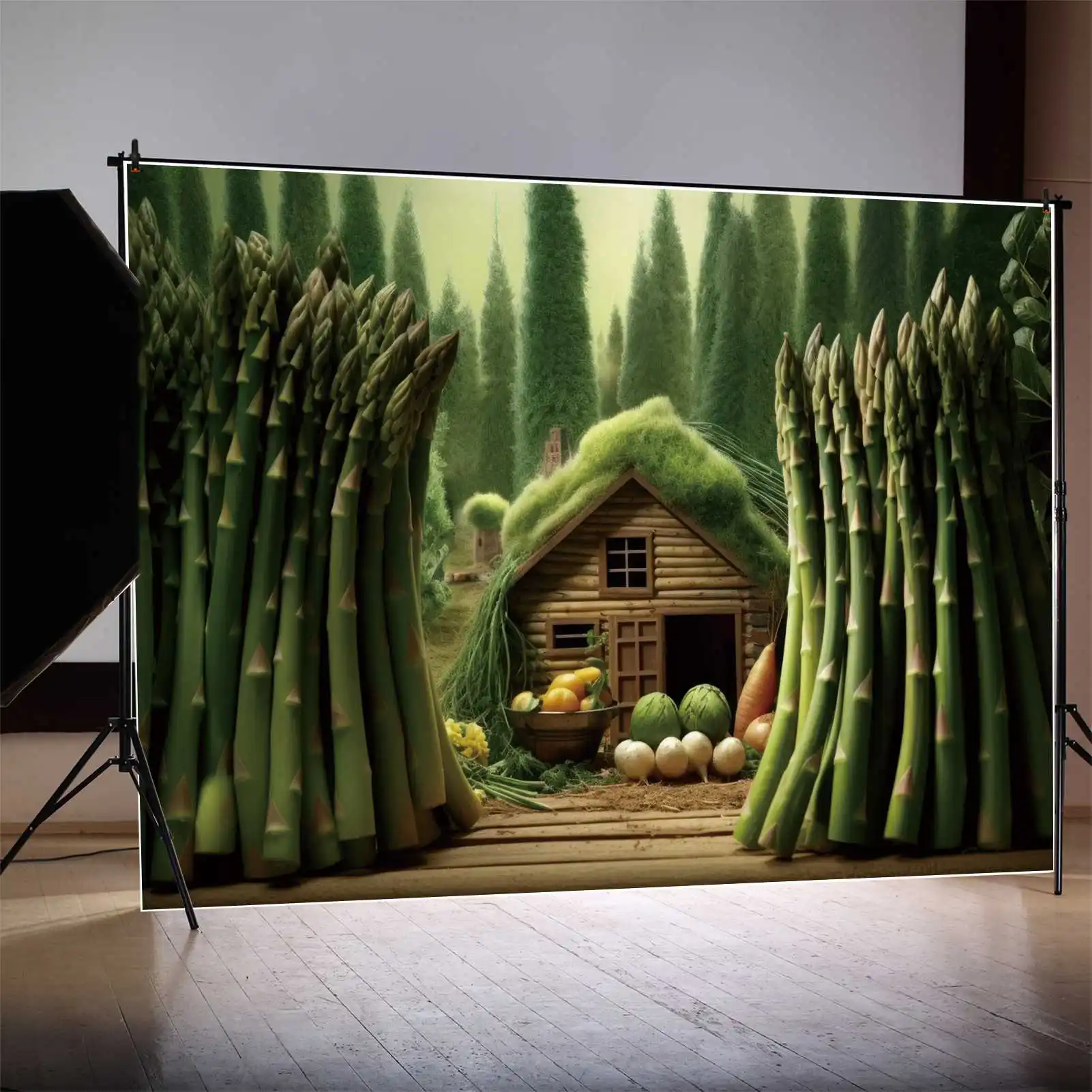 MOON.QG Backdrop Green Forest Tree Cabin Baby Birthday Photography Background Fresh Vegetable Wood Plank Floor Decor Photo Booth