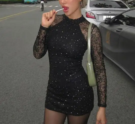 

Women's Dresses New Fashion Sexy Slimming Lace Hot Diamond Wrap Hip Long Sleeve Dress Summer Female Nightclub Party Dresses