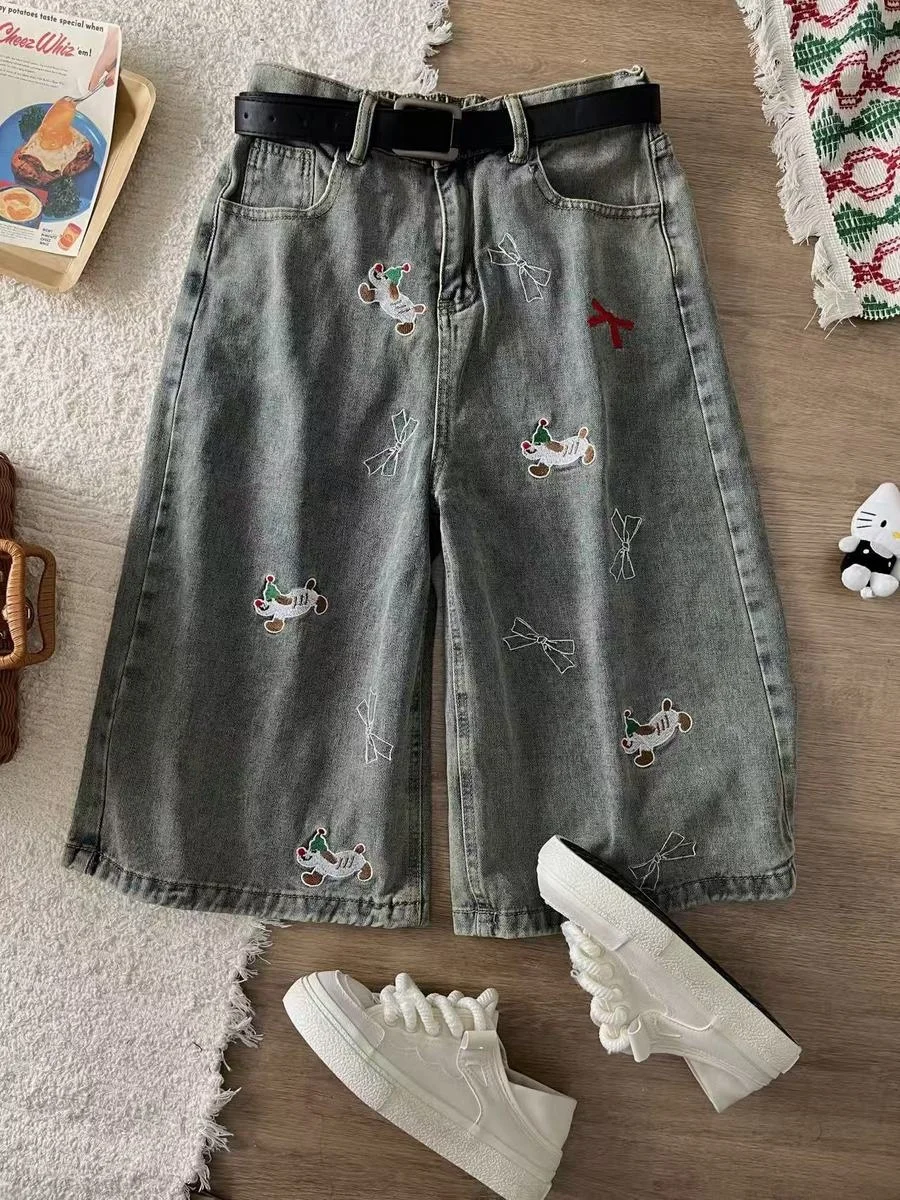 

Ретро-шорты с вышивкой в американском мультяшном стиле, свободного кроя, в стиле хип-хоп, джинсовые шорты для мужчин и женщин, летние повседневные джинсы