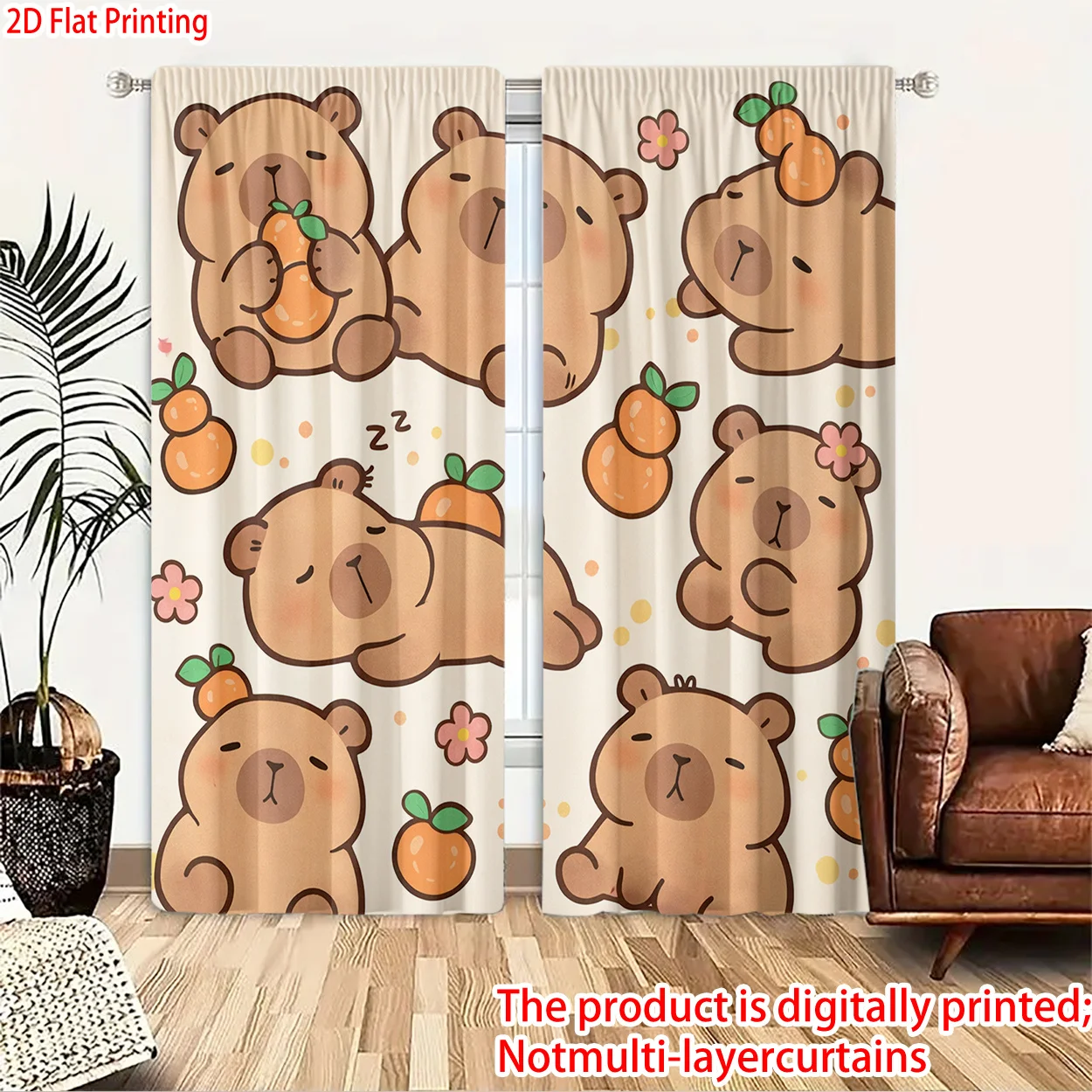 Sleepy Orange Capybara Curtain 2 Panels,Cute Cartoon Capybara Fruit Flower Dot Cream Background Print,Drapes for Bedroom Curtain