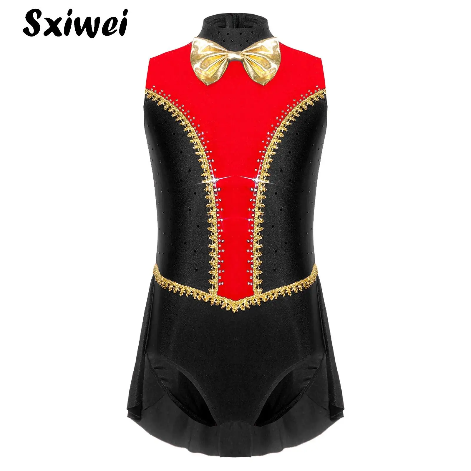 Kids Girls Circus Ringmaster Costumes Tailcoat Jumpsuit Metallic Bowknot Sleeveless Jersey Leotard Magician Rhinestones Bodysuit
